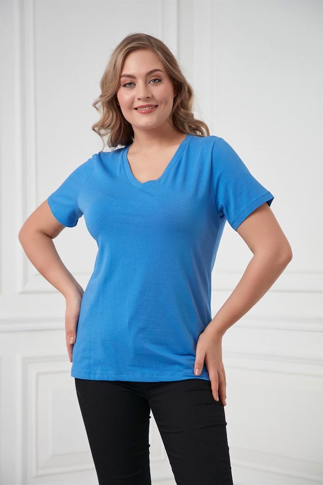 RMG T Shirt Azul Tamanho Grande Casual Com Decote Em V Roupas por atacado Tamanho grande