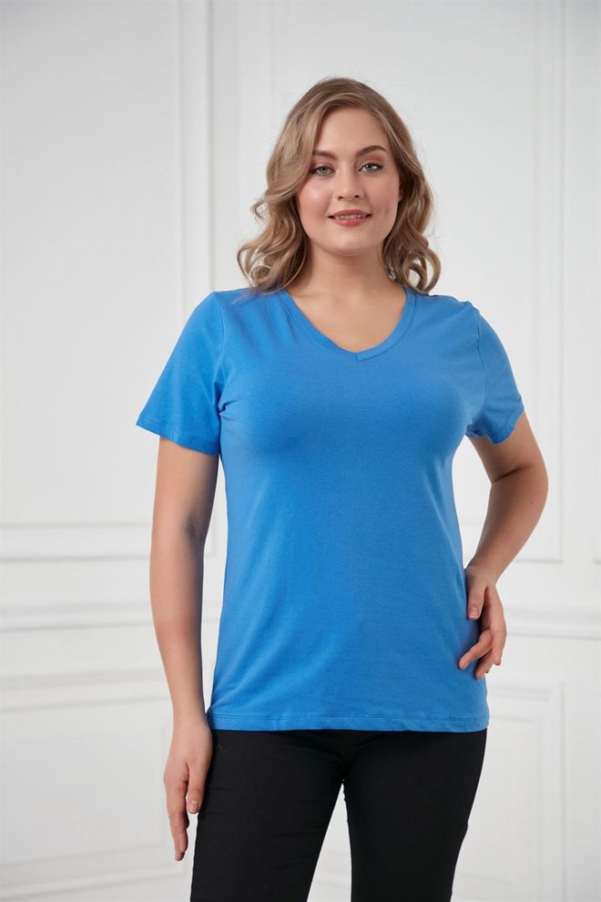 RMG Blue Plus Size Casual Tshirt With V Neck Wholesale Clothing Lounge