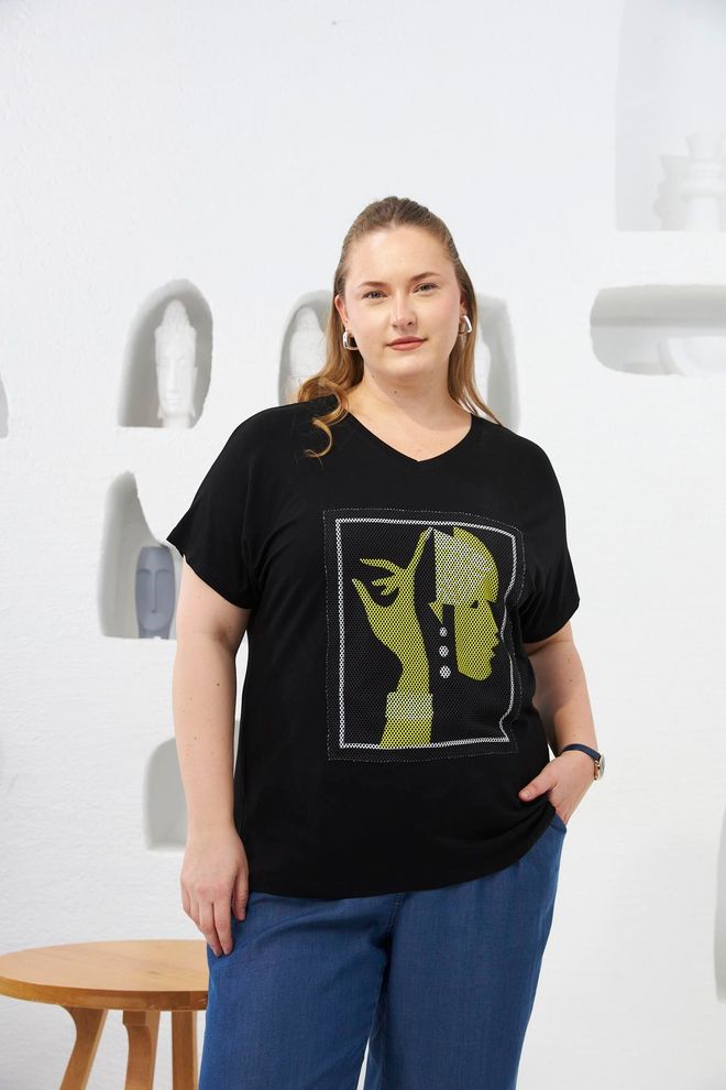 RMG Camiseta Negra Casual Talla Grande Con Cuello En V Ropa al por mayor Talla grande