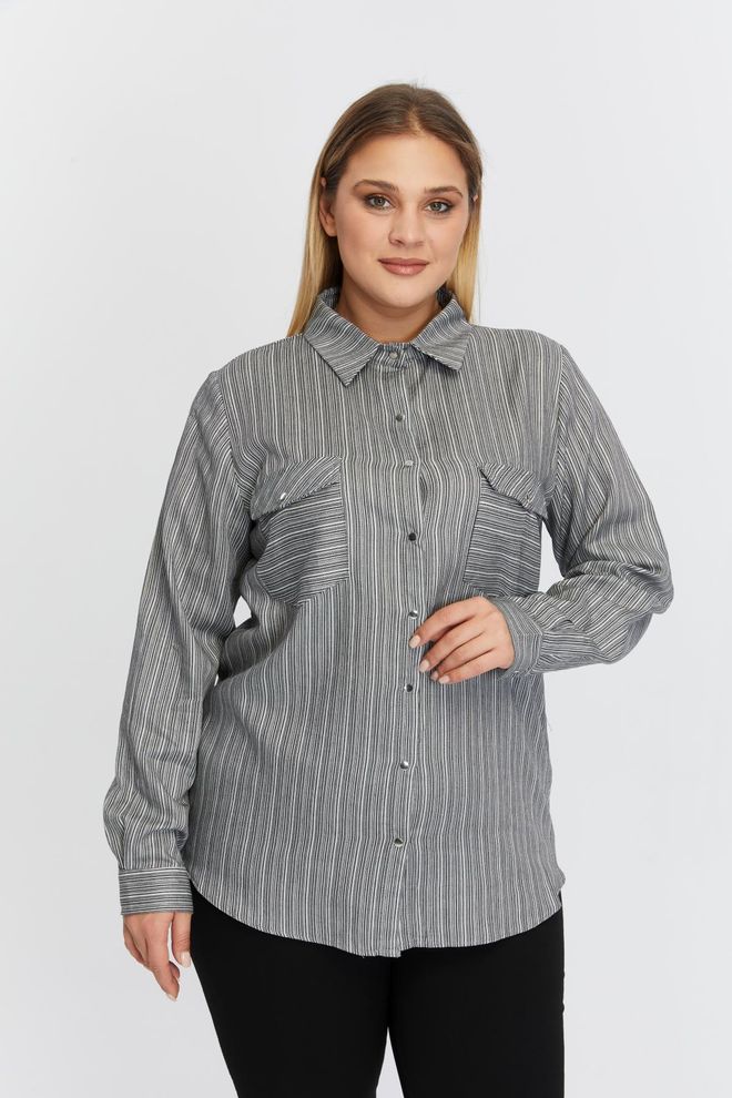RMG Chemise Grise Grande Taille Décontractée Rayée Col Polo Vêtements en gros Grande taille