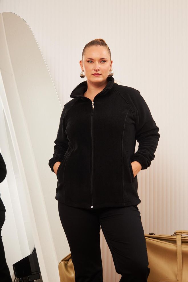 RMG Black Cardigan With High Neck And Zip Up Closure Wholesale Clothing Plus Size