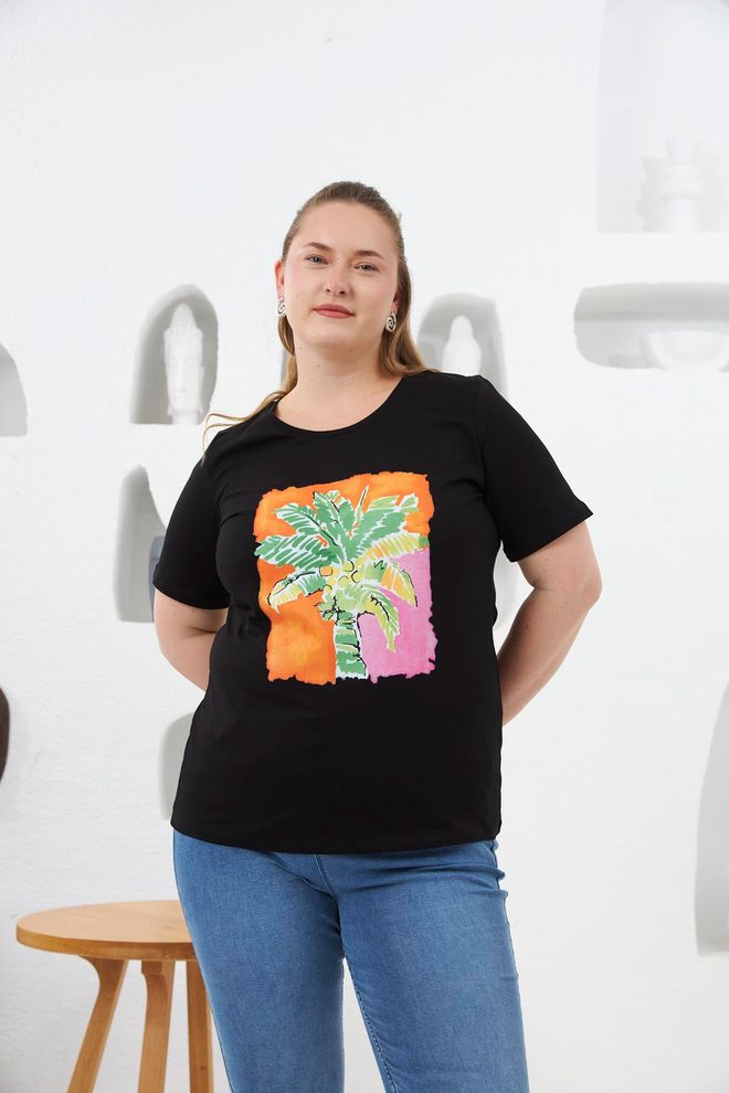 RMG Negro Casual Talla Grande Camiseta Con Patrón Tropical Ropa al por mayor Talla grande