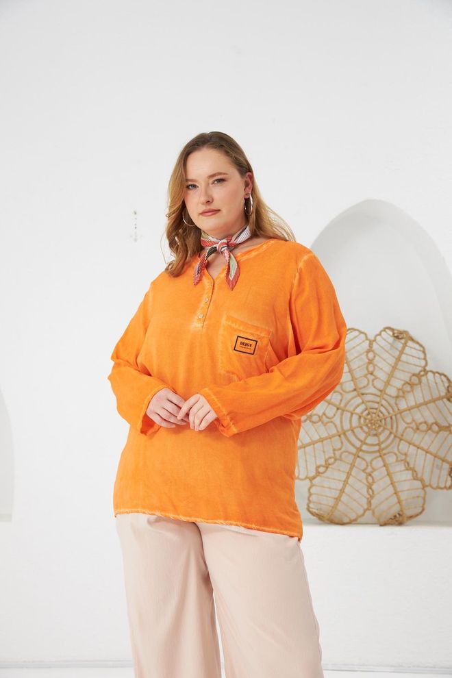 RMG Oranžinė Didelių Dydžių Laisvalaikio Sklandžiai Atrodanti Palaidinė Didmeninė prekyba drabužiais Apykaklė su įkirpimu