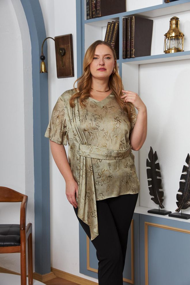 RMG Chemisier Beige Élégant Grande Taille Modeste À Motif Floral Vêtements en gros Modeste