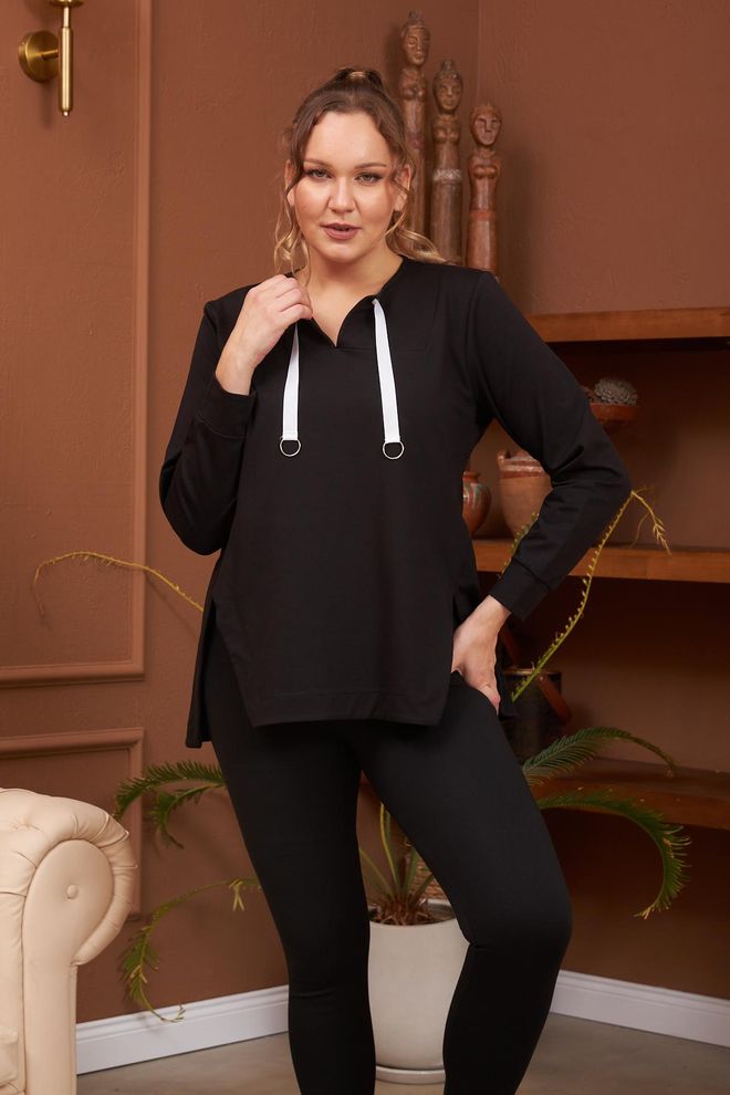 RMG Black Sweatshirt Casual Plus Size V Neck Regular Fit Wholesale Clothing Modest
