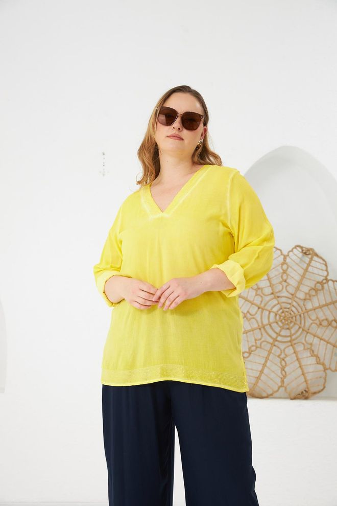 RMG Yellow Plus Size Blouse With V Neck And 3/4 Sleeves Wholesale Clothing Plus Size