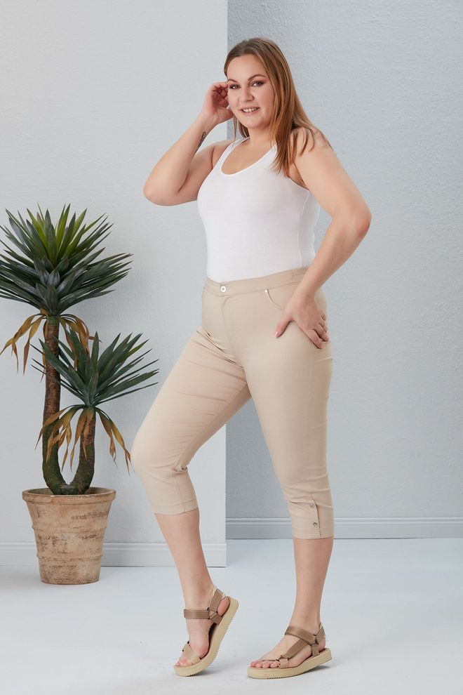 RMG Beige Casual Plus Size Tregging Pants Wholesale Clothing Lounge