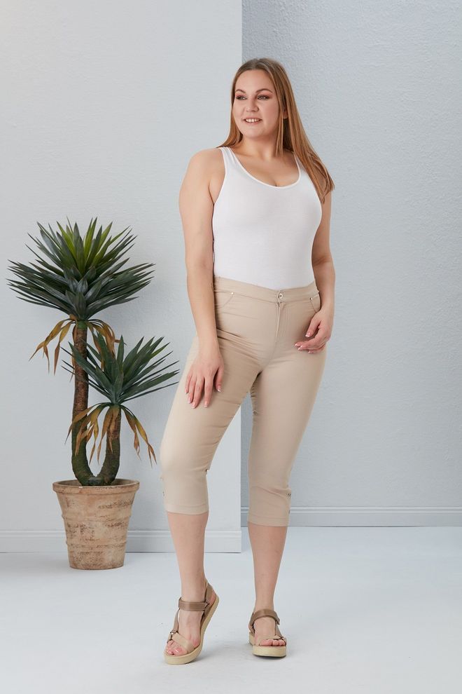 RMG Beige Casual Plus Size Tregging Pants Wholesale Clothing Casual
