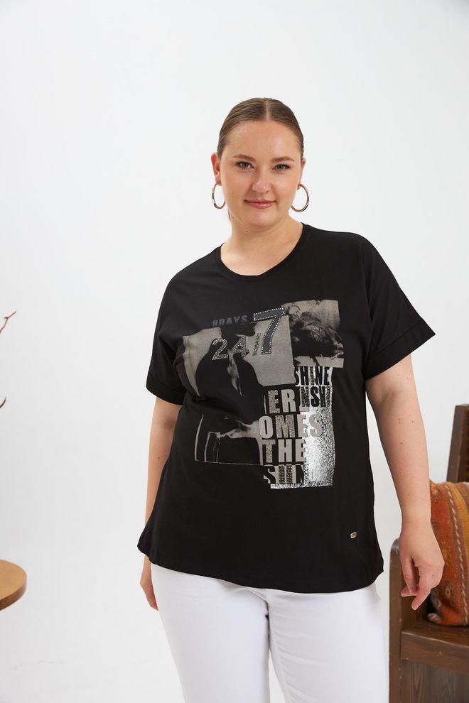 RMG Camiseta Casual Negra Talla Grande Con Estampado De Letras Ropa al por mayor Talla grande