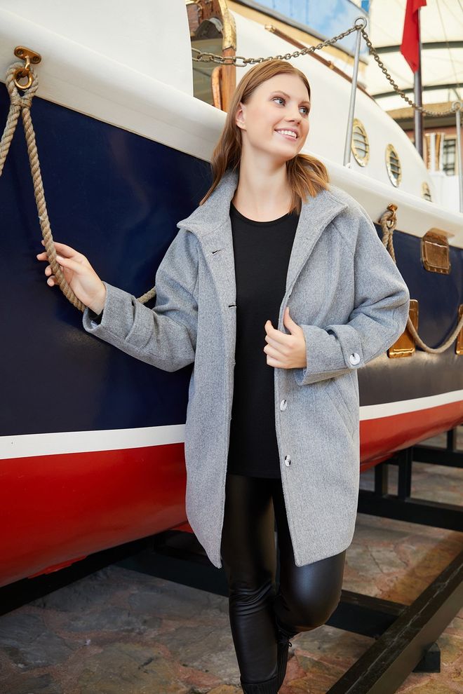 RMG Grey Single Breasted Long Coat With High Collar Wholesale Clothing Plus Size