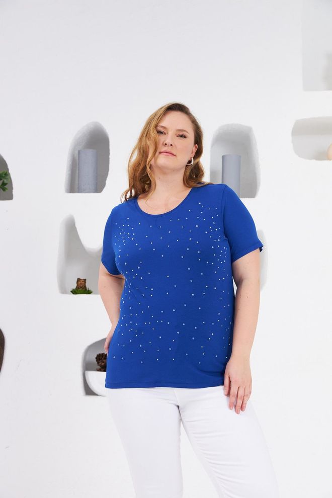 RMG Camiseta Azul Talla Grande Con Lentejuelas Ropa al por mayor Talla grande