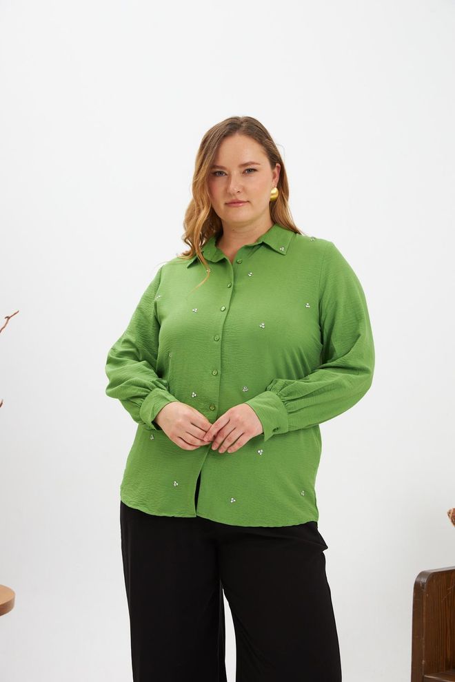 RMG Chemise Grande Taille Verte Col Polo Vêtements en gros Grande taille