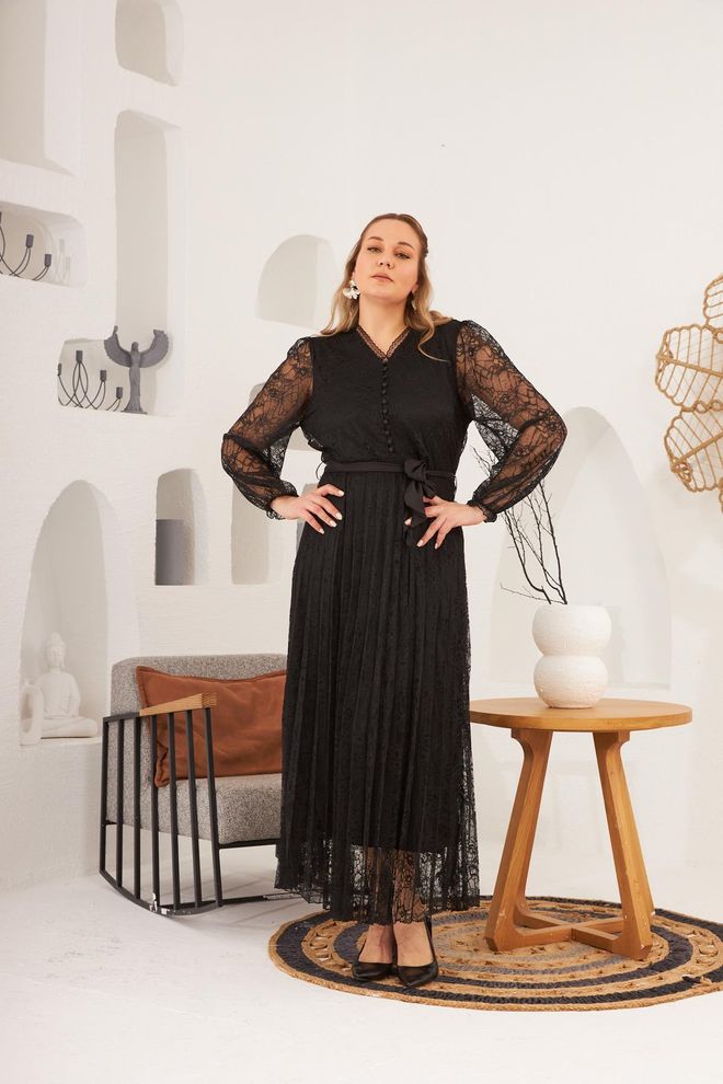 RMG Zarif Siyah Maxi Fit & Flare Elbise Toptan Giyim Büyük Beden
