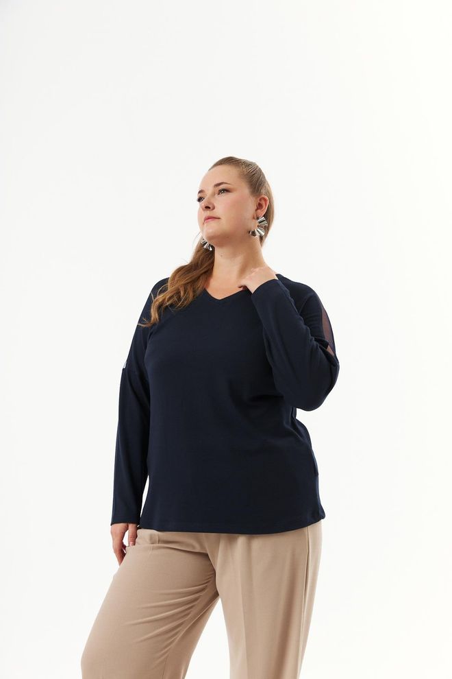 RMG Chemisier Bleu Marine Grande Taille Élégant À Col V Vêtements en gros Grande taille