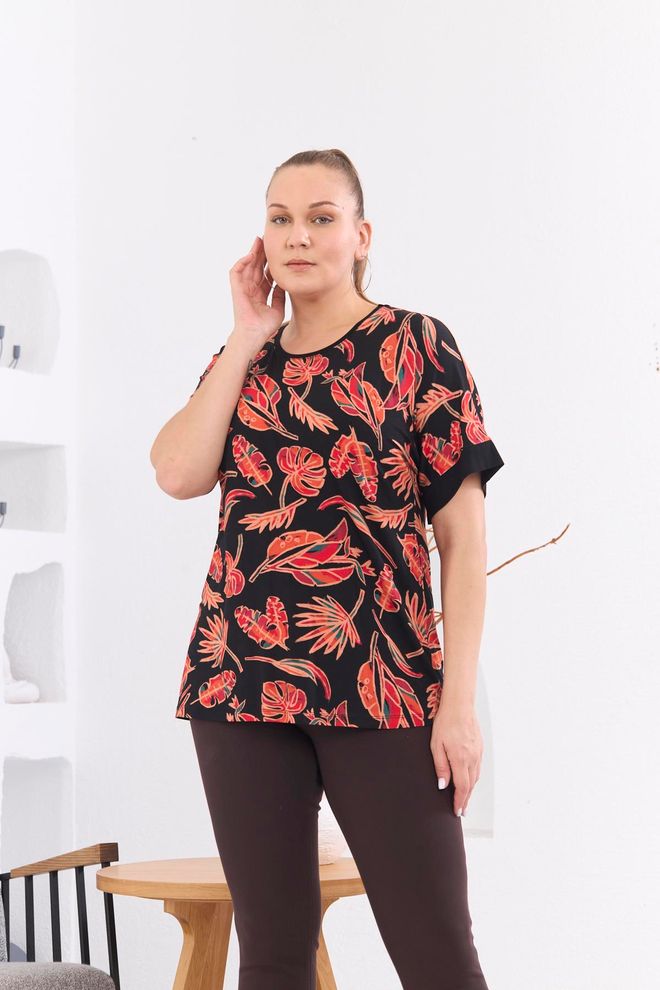 RMG Camiseta Negra Talla Grande Casual Floral Ropa al por mayor Talla grande