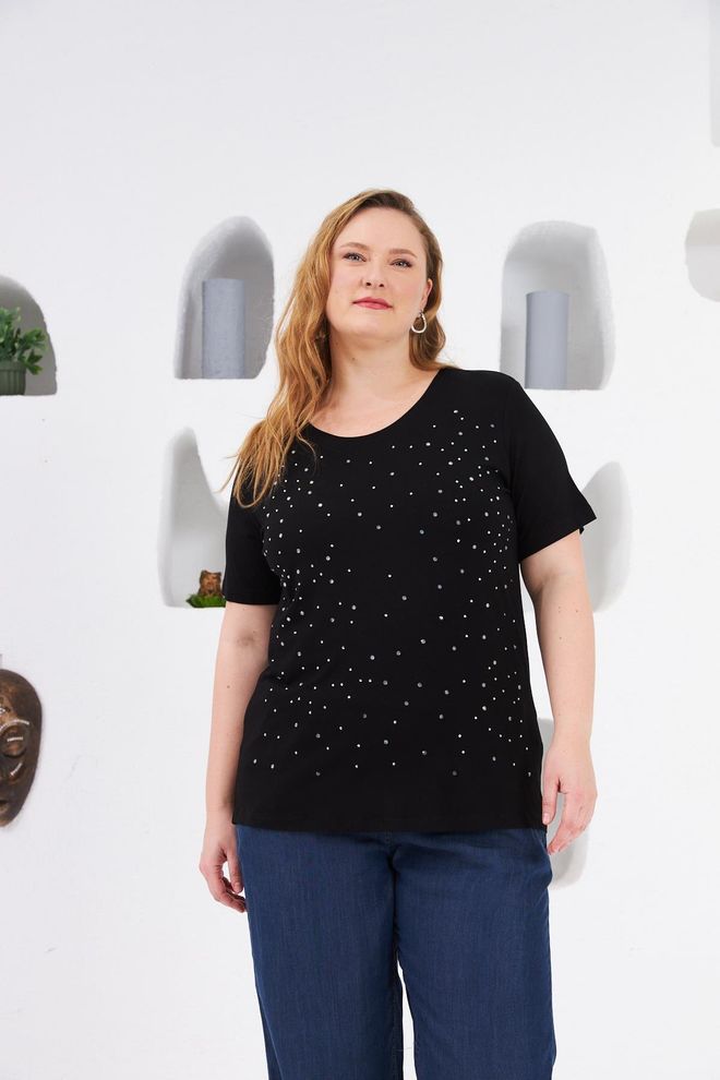 RMG Camiseta Glam Talla Grande Negra Con Lentejuelas Ropa al por mayor Talla grande