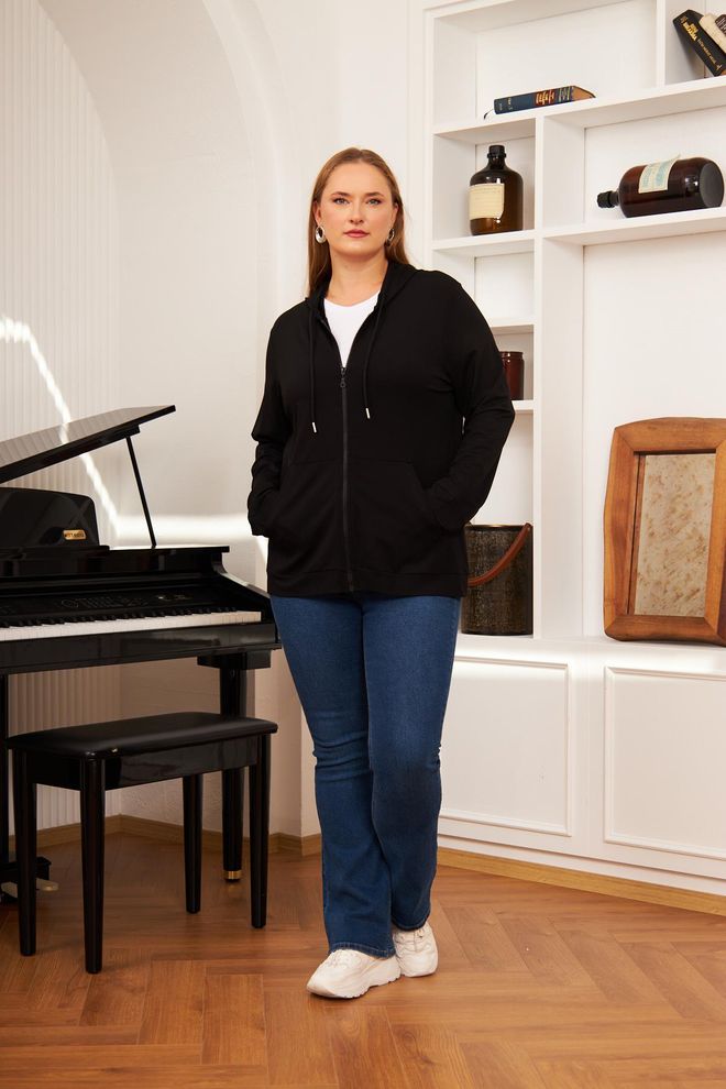 RMG Sudadera Negra Con Cuello Con Capucha Y Mangas Largas Ropa al por mayor Talla grande