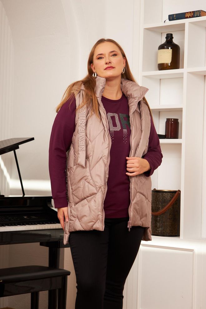 RMG Μπεζ Casual Αμάνικο Μπλουζάκι Plus Size Με Φερμουάρ Χονδρικό εμπόριο ενδυμάτων Μεγάλα μεγέθη