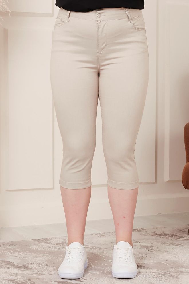 RMG Beige Plus Size Mom Pants With Cropped Straight Leg Wholesale Clothing Plus Size