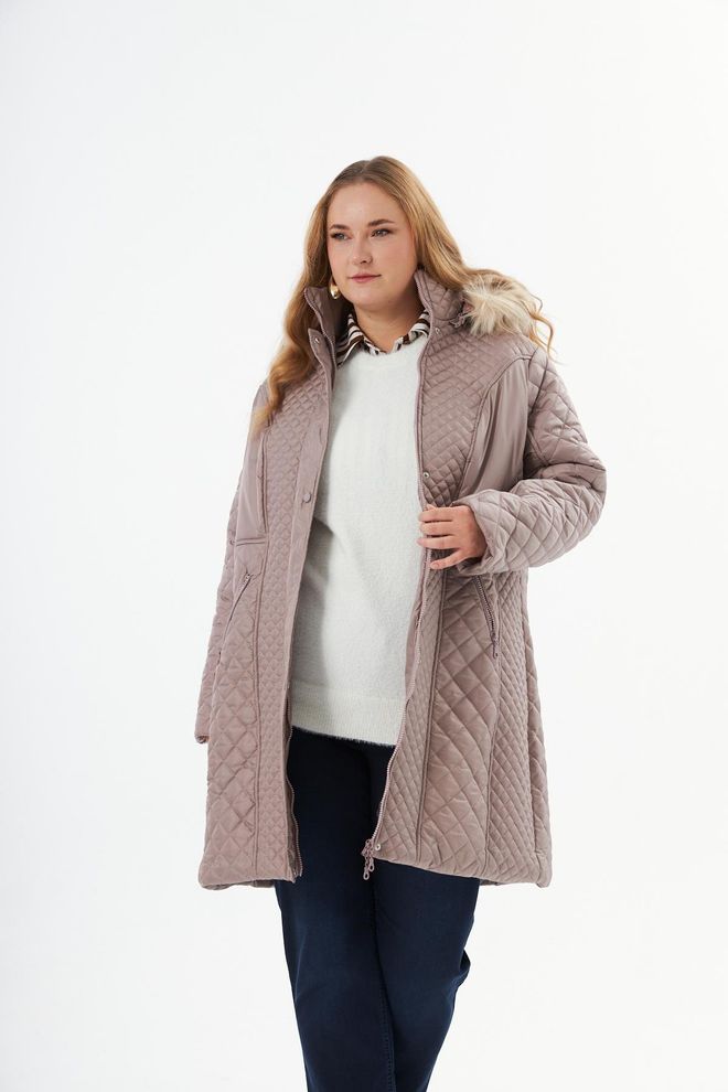RMG Beige Quilted Oversized Parka Coat With High Collar Wholesale Clothing Modest