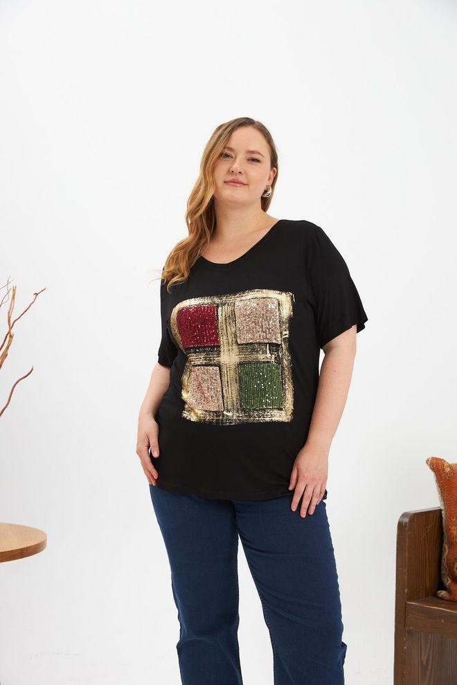 RMG Maglietta Nera Glam Casual Taglia Forte Con Scollo A V Abbigliamento all'ingrosso Taglia forte