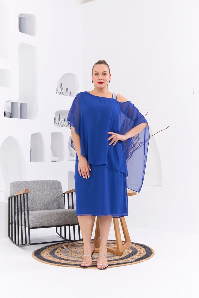 RMG Robe Bleu Élégante Droite Avec Manches Mi longues Vêtements en gros Grande taille