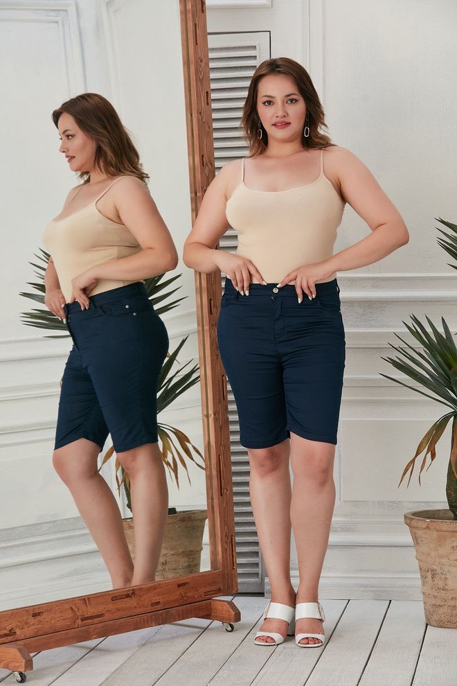 RMG Navy Blue Casual Plus Size Bermuda Shorts Wholesale Clothing Spring