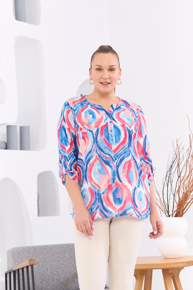 RMG Blauw Casual Grote Maten Blouse Met Brush Stroke Patroon Groothandel Kleding Grote Maten