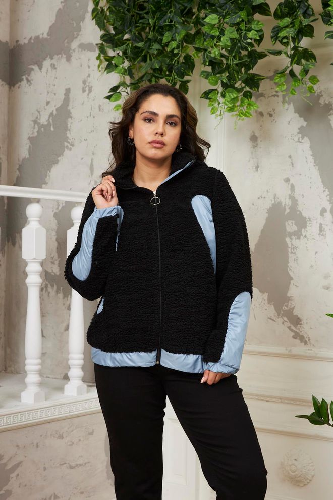RMG Black Teddy Coat With High Collar And Zip Closure Wholesale Clothing Plus Size