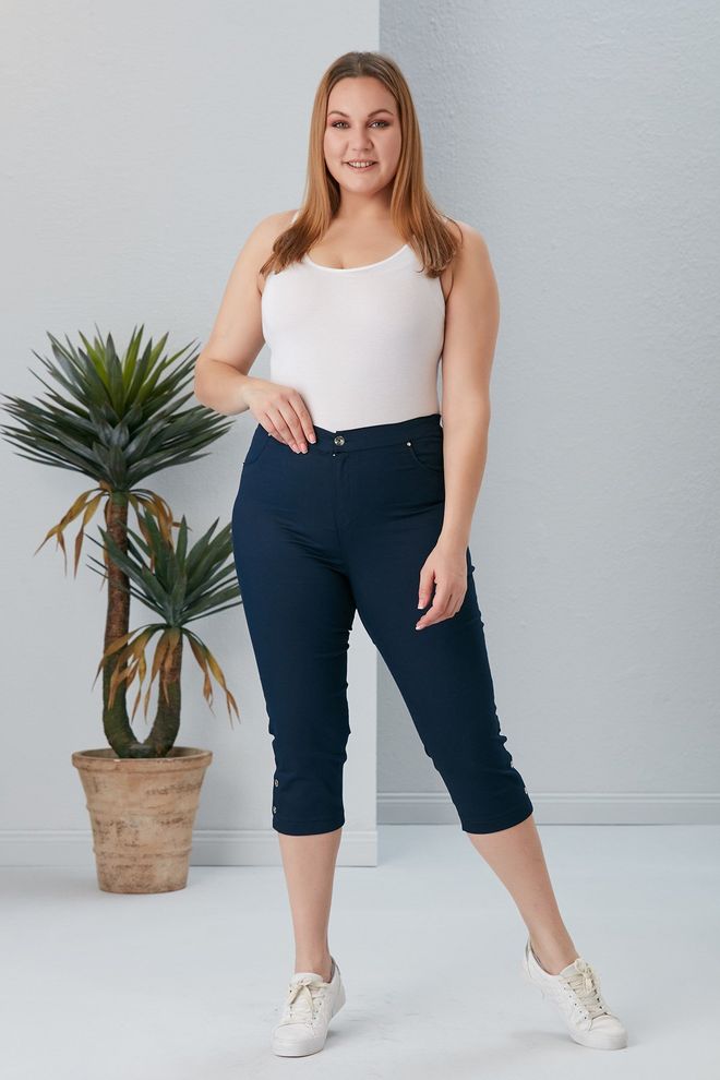 RMG Navy Blue Casual Plus Size Tapered Pants Wholesale Clothing Spring