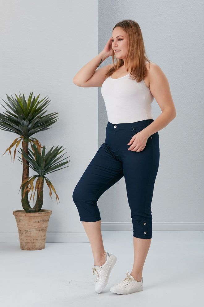 RMG Navy Blue Casual Plus Size Tapered Pants Wholesale Clothing Casual