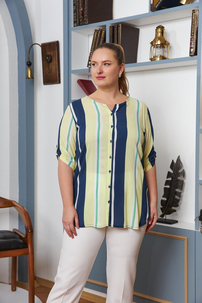 RMG Μπλε Μπλούζα Plus Size Με Ριγέ Σχέδιο Χονδρικό εμπόριο ενδυμάτων Μεγάλα μεγέθη