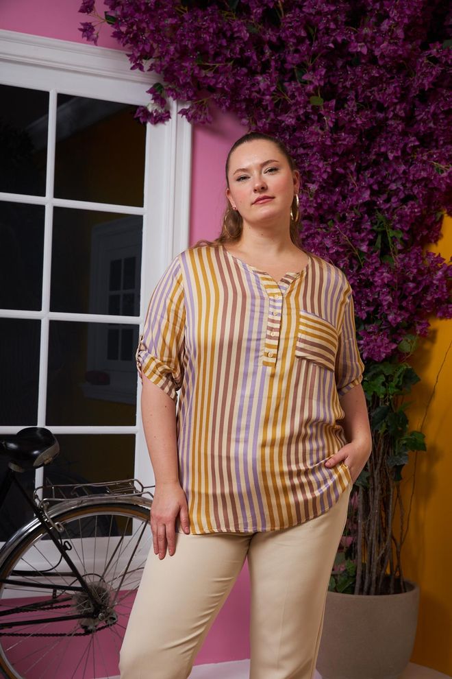 RMG Chemisier Rayé Jaune Décontracté Grande Taille Élégant Vêtements en gros Grande taille