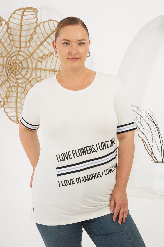 RMG Maglietta Bianca Taglia Forte Casual Con Stampa Lettere Abbigliamento all'ingrosso Taglia forte