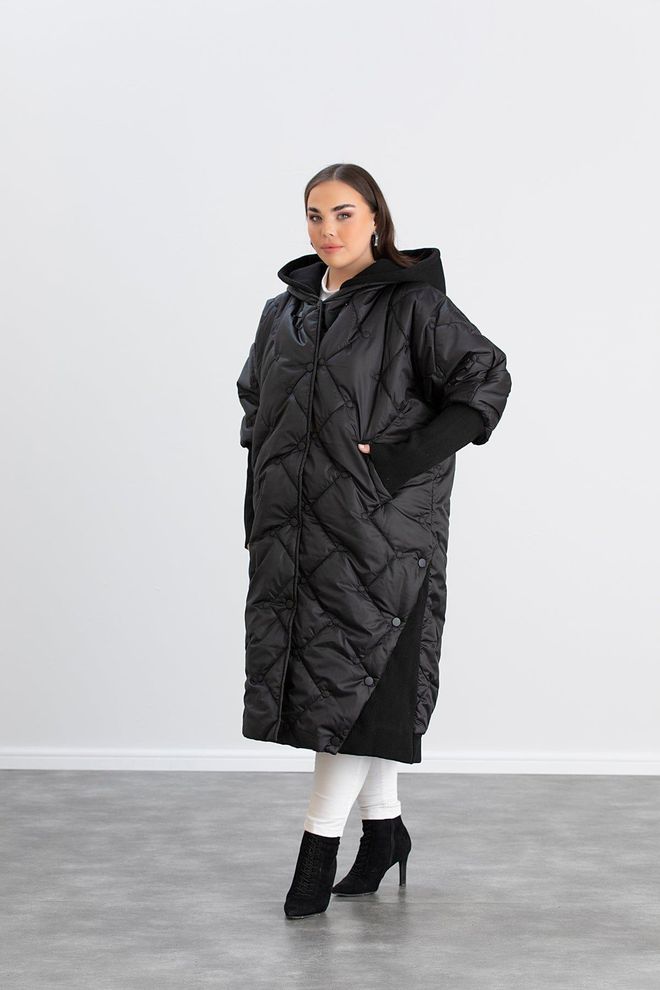 RMG Black Oversized Puffer Coat With Hood And Quilted Design Wholesale Clothing Modest
