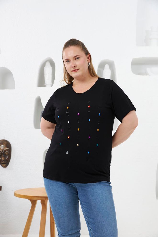 RMG Nero Maglietta Paillettes Taglia Forte Casuale Abbigliamento all'ingrosso Taglia forte