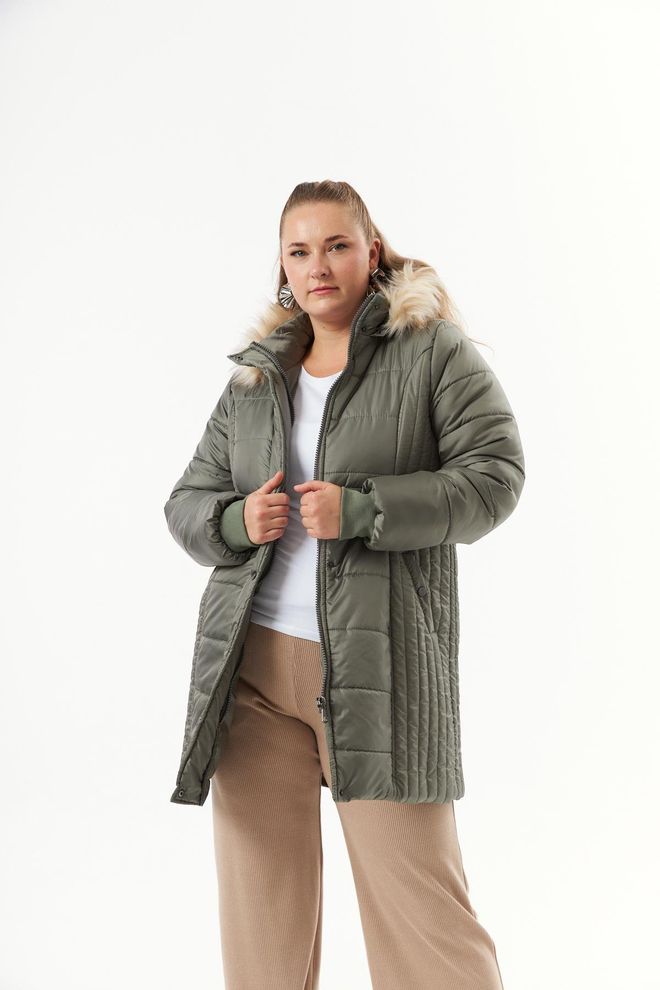 RMG Khaki Puffer Hooded Coat With Quilted Design Wholesale Clothing Plus Size