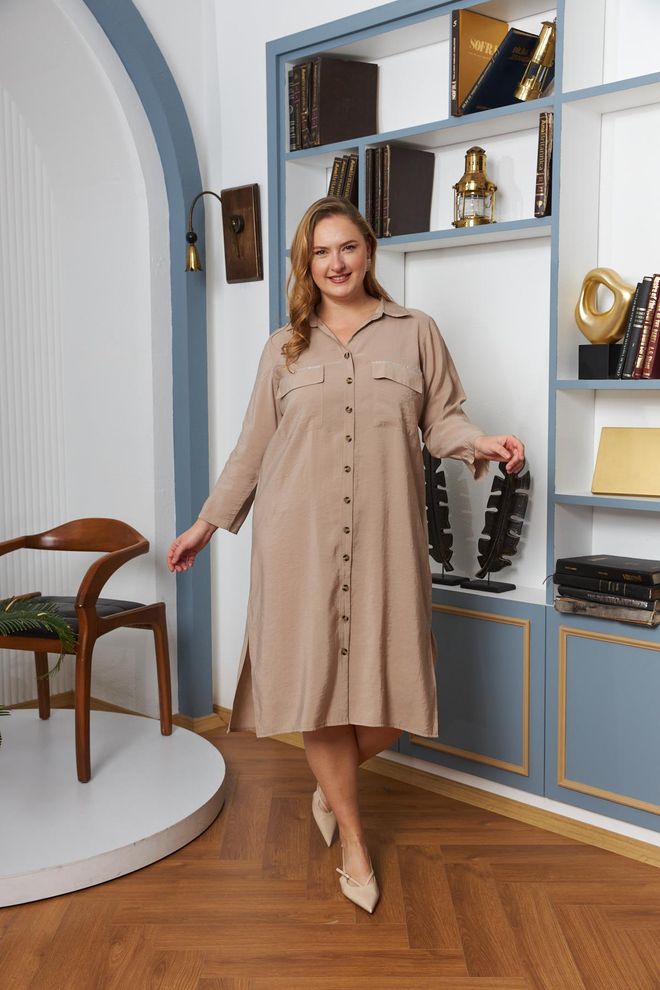 RMG Бежевое Скромное Платье Рубашка Большого Размера Повседневное Формальное Элегантное С Зубчатым Вырезом Миди Оптовая продажа одежды Скромный