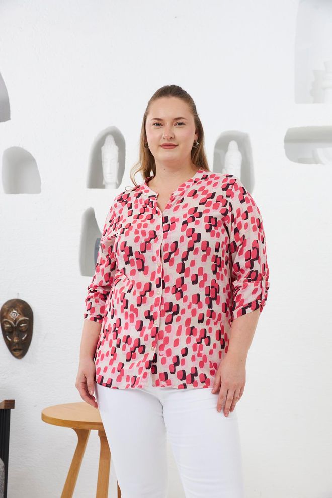 RMG Camisa Rosa Talla Grande Casual Con Patrón Geométrico Ropa al por mayor Talla grande