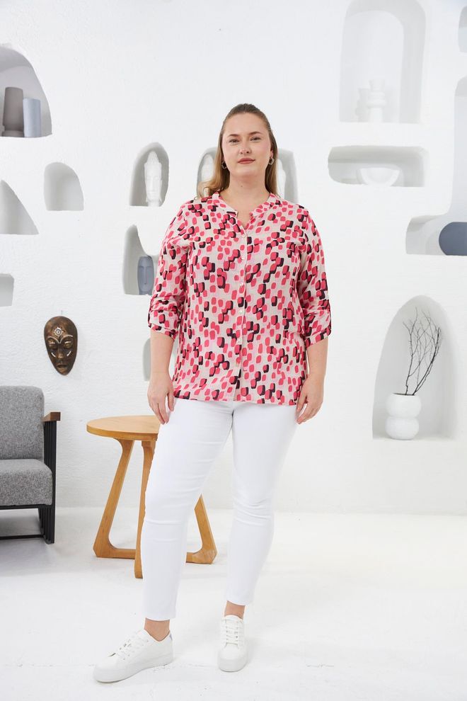 RMG Pink Plus Size Casual Shirt With Geometric Pattern Wholesale Clothing Spring