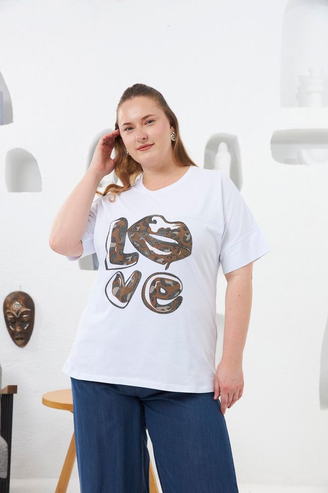 RMG Camiseta Blanca Talla Grande Con Estampado Animal Y Letras Ropa al por mayor Talla grande