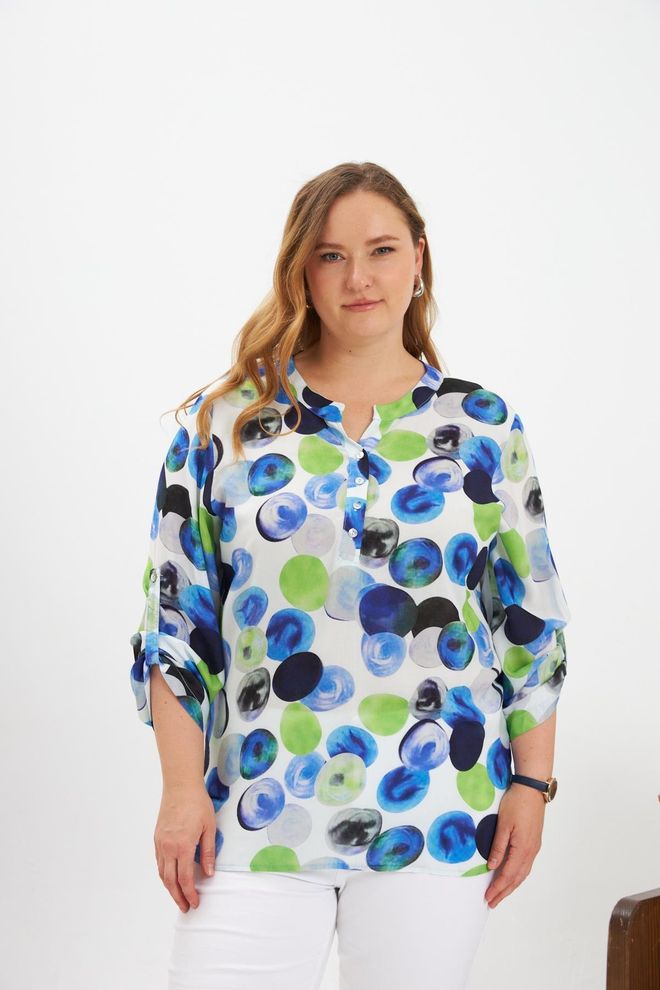 RMG Blue Plus Size Polka Dot Blouse With 3/4 Sleeves Wholesale Clothing Plus Size
