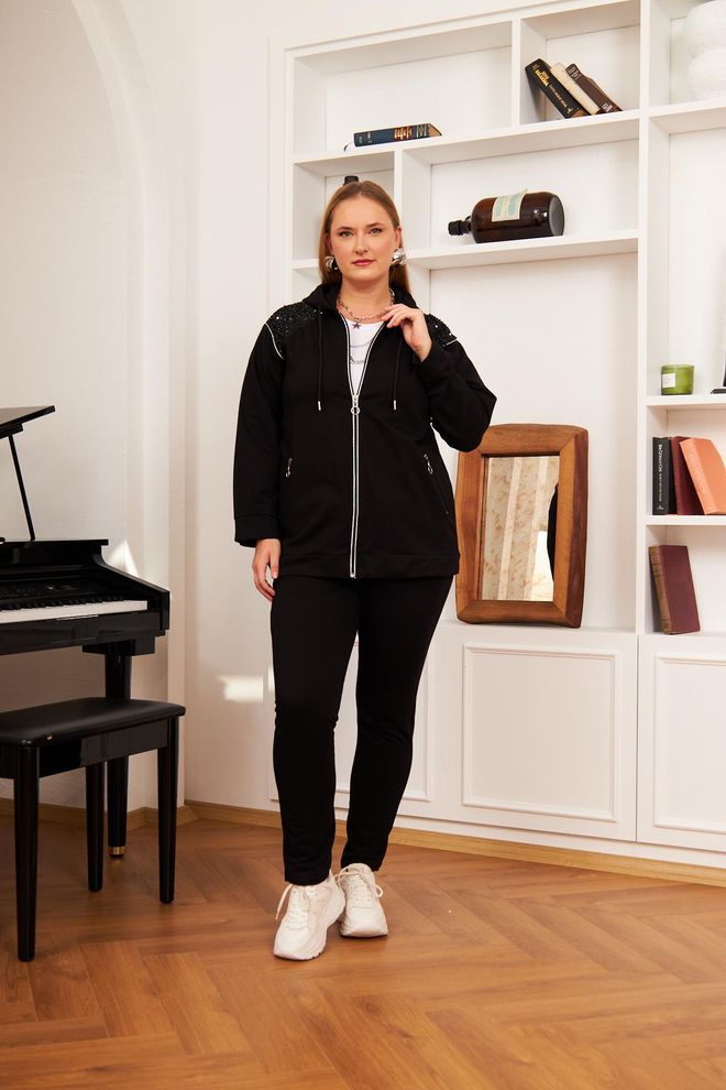 RMG Black Tracksuit With Slim Fit And Hooded Neck Wholesale Clothing Plus Size
