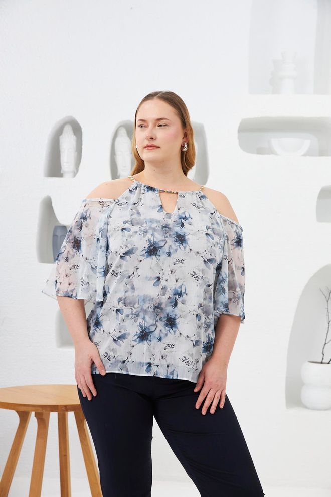 RMG Blue Plus Size Elegant Blouse Wholesale Clothing Plus Size
