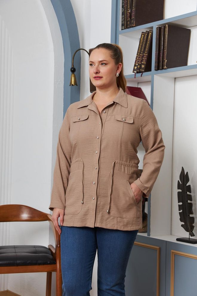 RMG Μπουφάν Μπεζ Casual Plus Size Πουκάμισο Χονδρικό εμπόριο ενδυμάτων Απλό