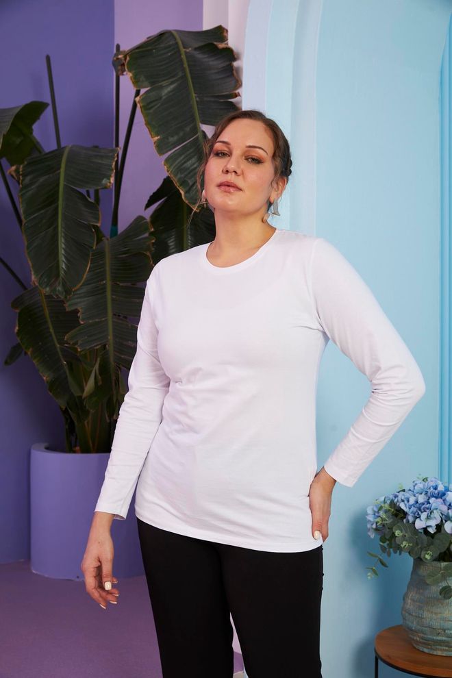 RMG Λευκό Casual Plus Size T shirt Με Μακριά Μανίκια Χονδρικό εμπόριο ενδυμάτων Απλό