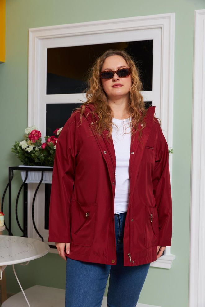 RMG Claret Red Trenchcoat Casual Hooded Single Breasted Anorak Wholesale Clothing Modest