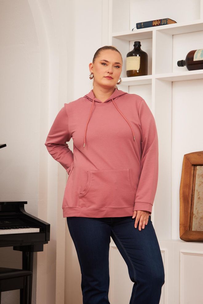 RMG Pink Plus Size Casual Sweatshirt With Hooded Neck Wholesale Clothing 1