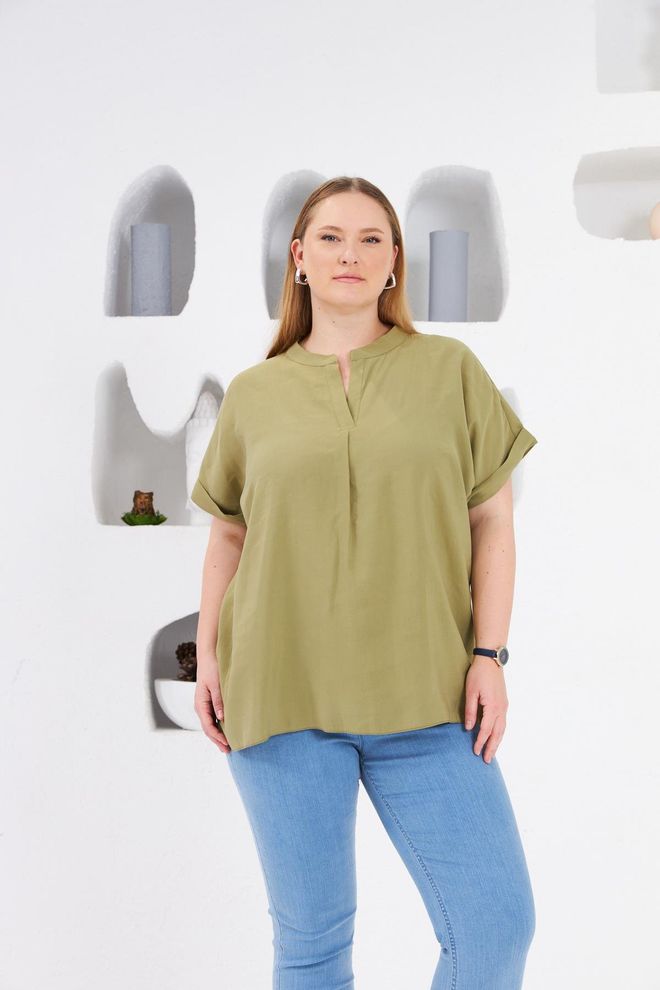 RMG Кaki Лежерна Оверсиз Блуза Са Грандaд Огрлицом Велепродаја одеће скроман