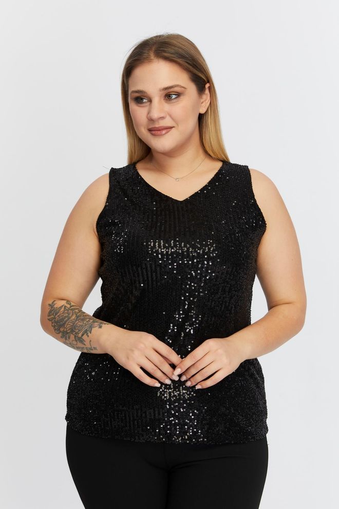 RMG Μαύρη Κομψή Glam Plus Size Μπλούζα Με Sequined Χονδρικό εμπόριο ενδυμάτων Μεγάλα μεγέθη